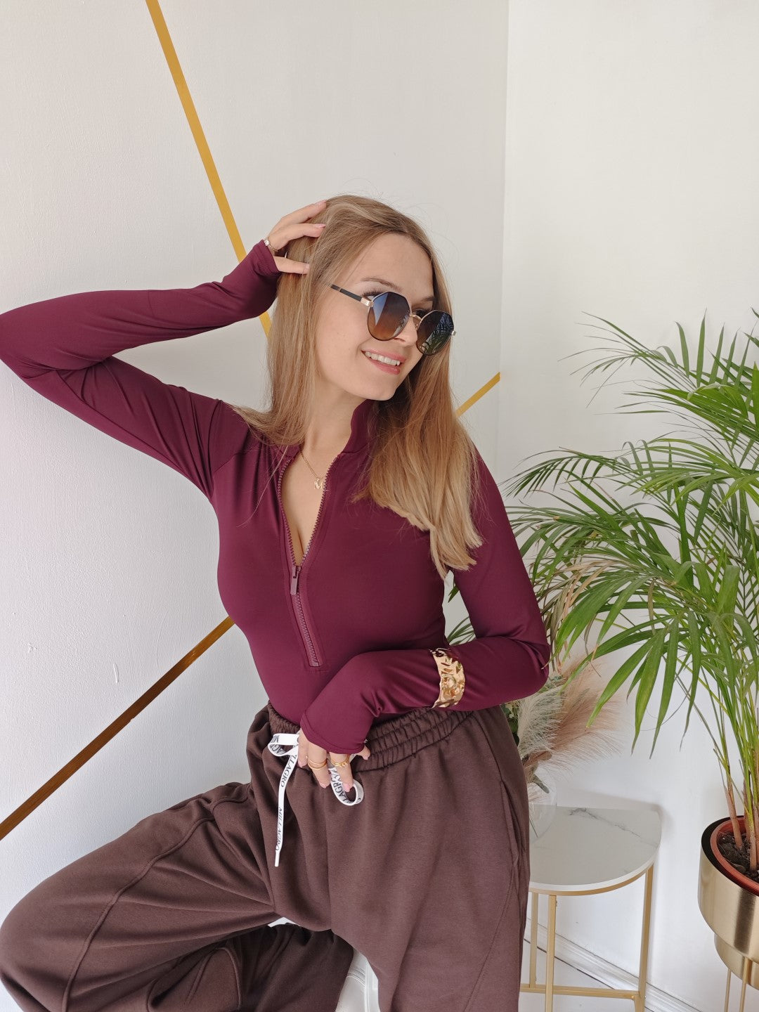 Body Bordeaux bordowe z suwakiem i długim rękawem UNI