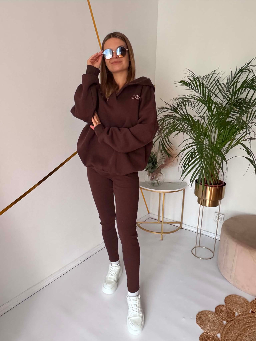 Komplet dresowy czekoladowy bluza oversize + prążkowane legginsy UNI