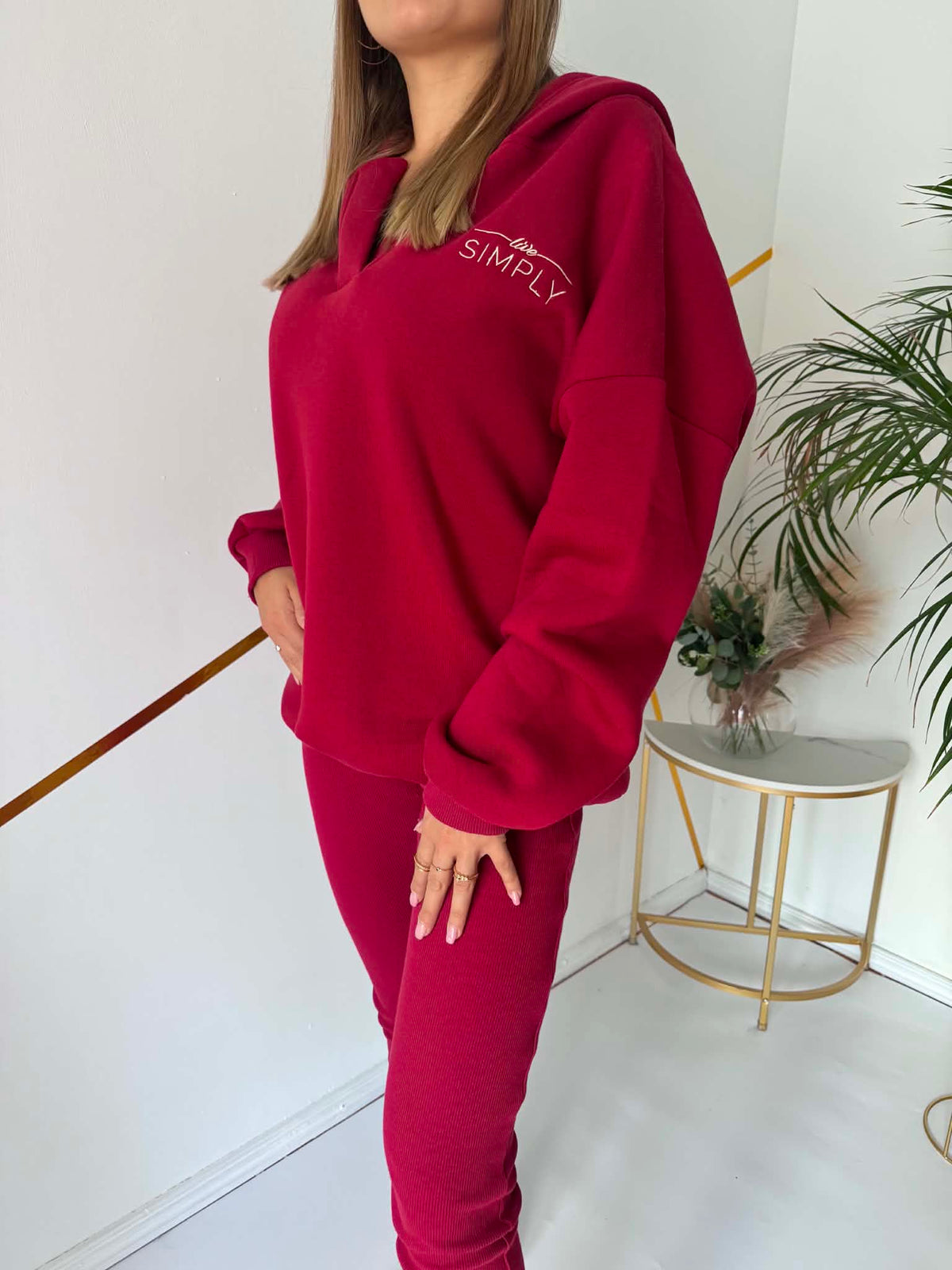Komplet dresowy czerwony bluza oversize + prążkowane legginsy UNI