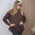 Czekoladowy sweter damski oversize z koronką kwiatową brązowy sweterek z wiskozą