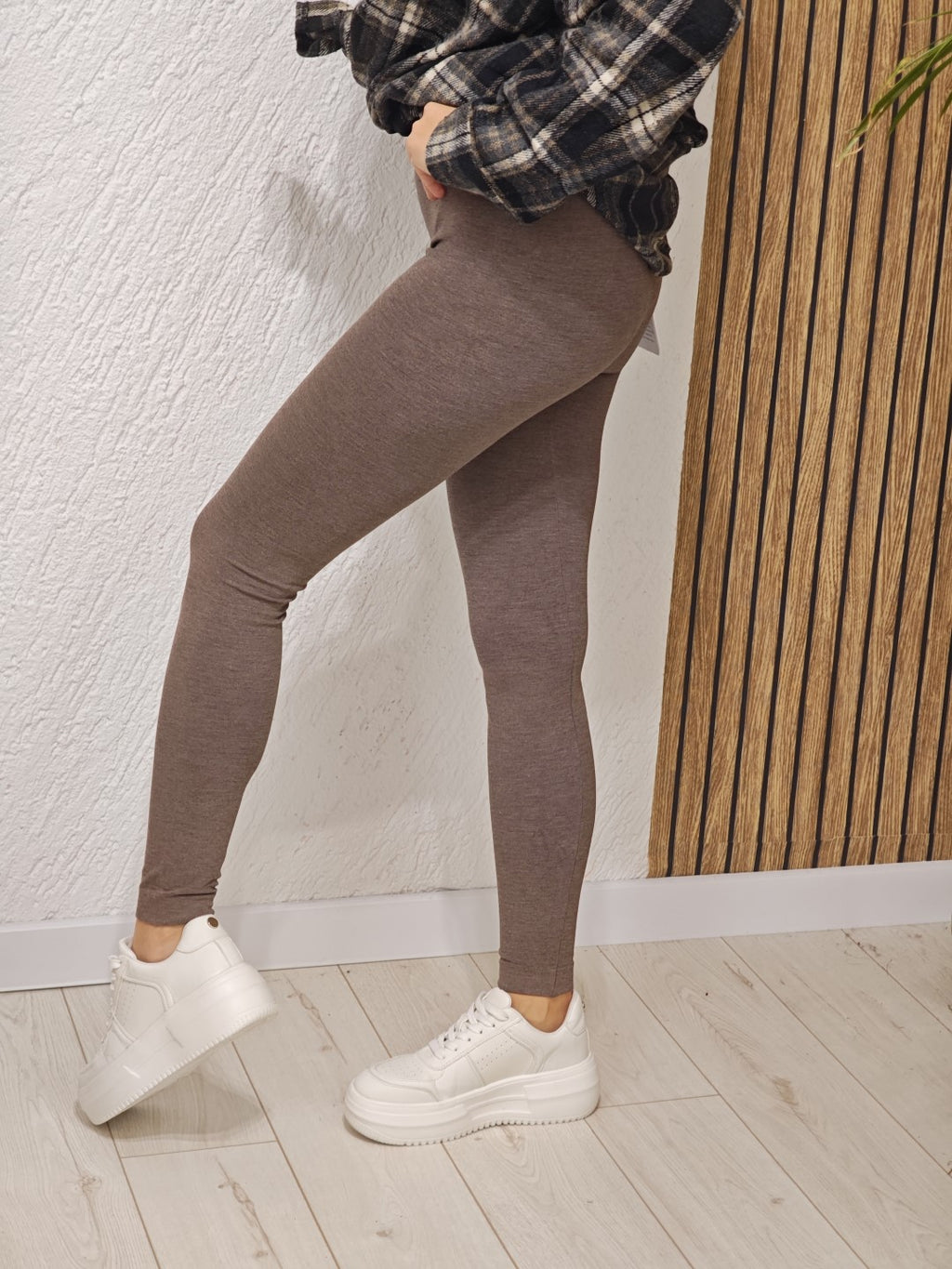 Legginsy damskie taupe z kaszmirem elastyczne wysoki stan dopasowane
