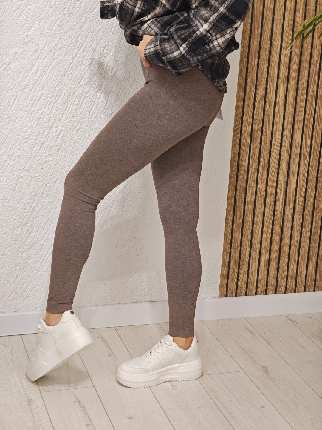 Legginsy damskie taupe z kaszmirem elastyczne wysoki stan dopasowane