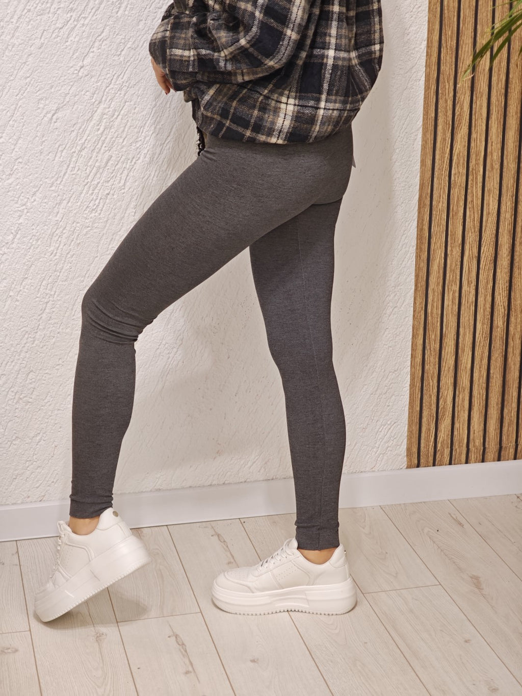 Legginsy damskie szare melanżowe z kaszmirem elastyczne wysoki stan