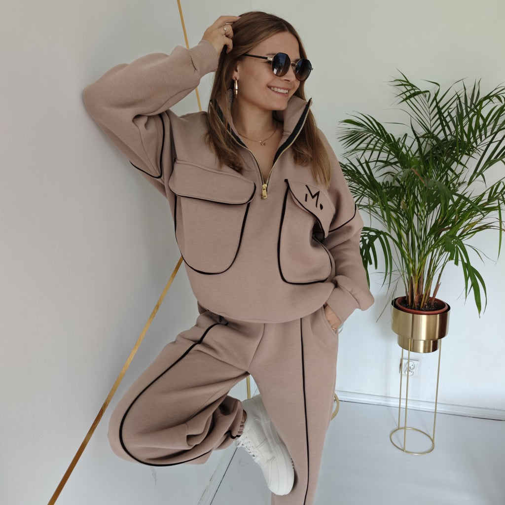 Ocieplany komplet dresowy Taupe bluza z suwakiem + spodnie UNI