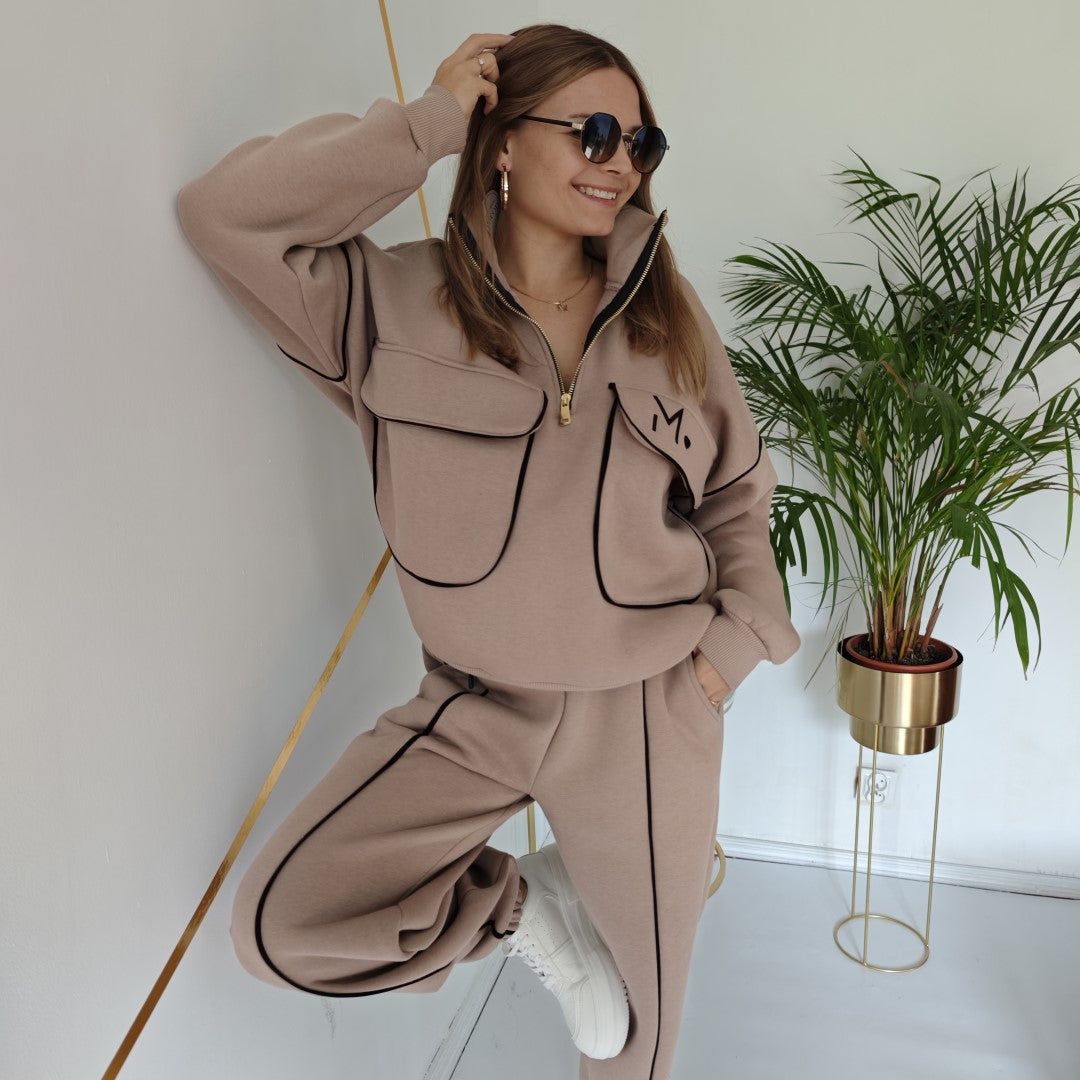 Ocieplany komplet dresowy Taupe bluza z suwakiem + spodnie UNI
