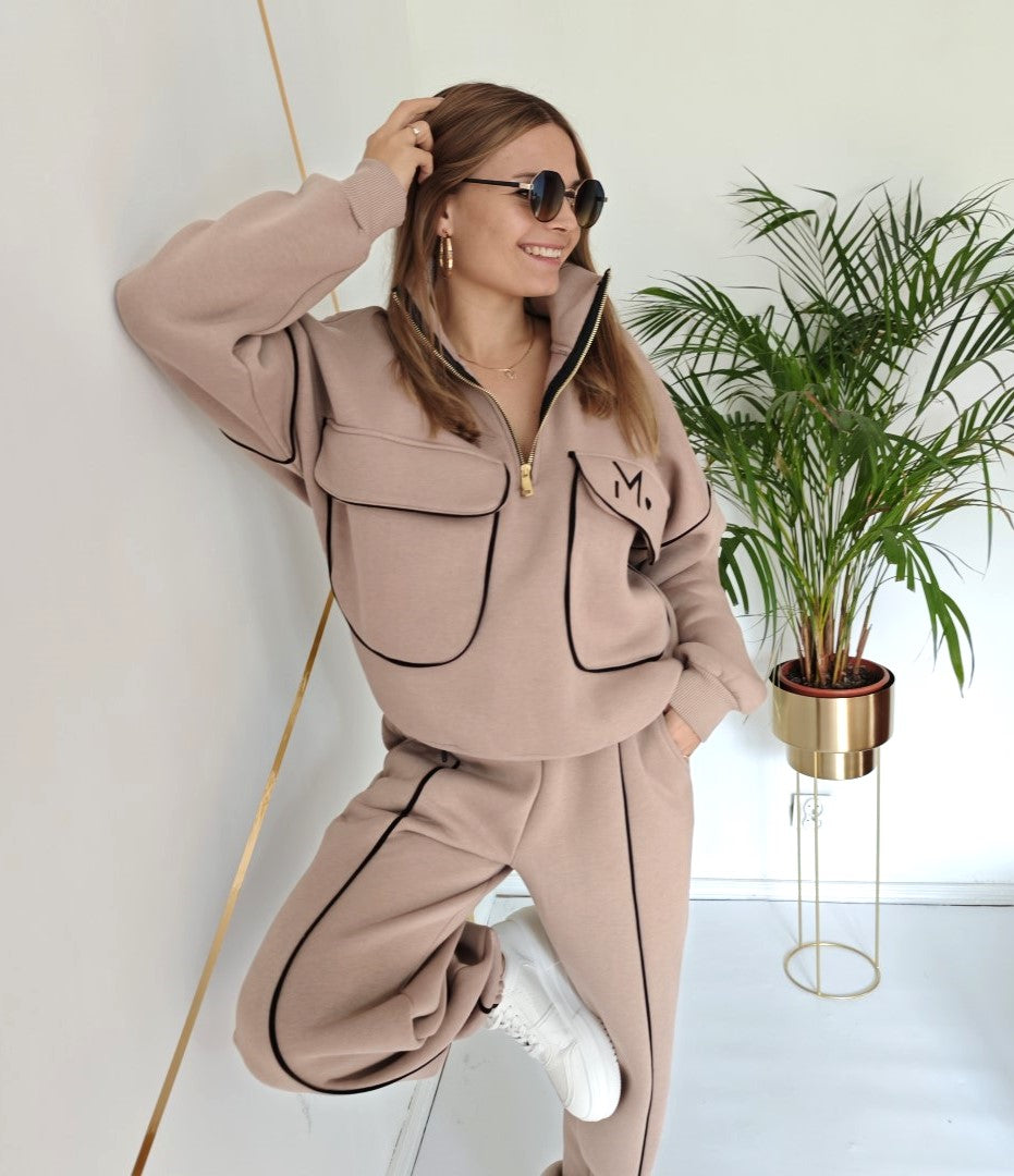 Ocieplany komplet dresowy Taupe bluza z suwakiem + spodnie UNI